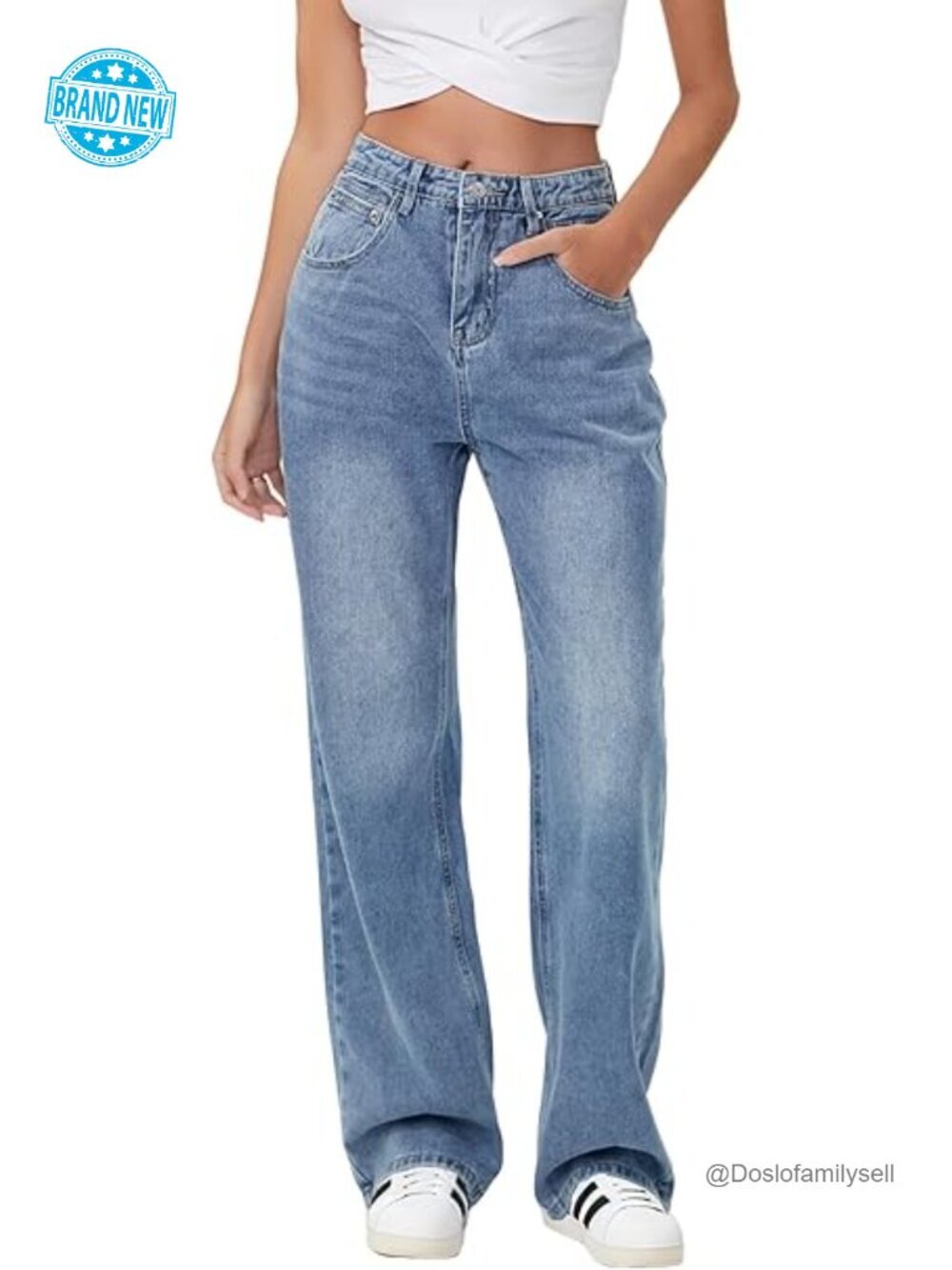 High Waisted Wide Leg Baggy Stretchy Jeans with Patch Pockets